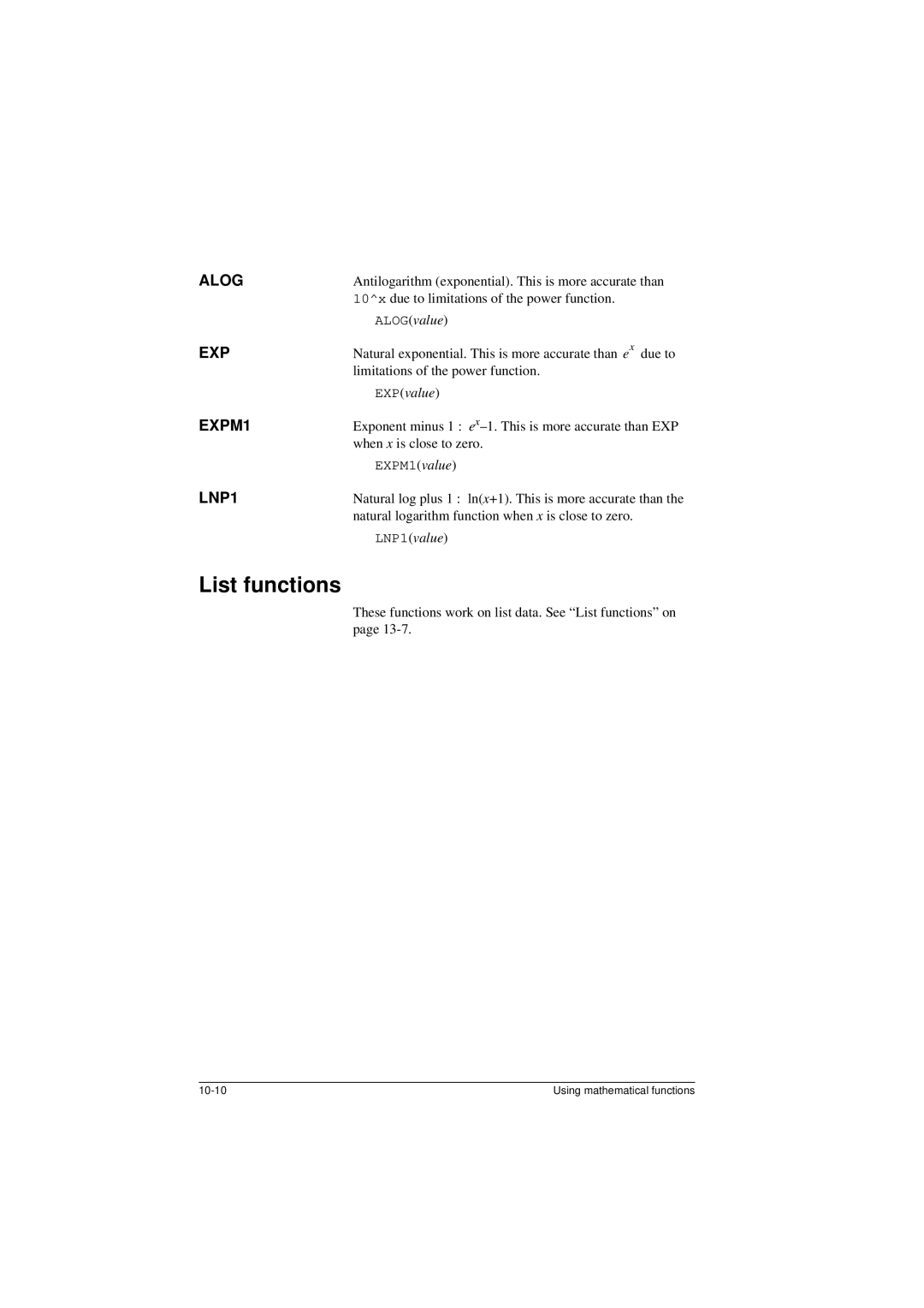 HP 40G manual List functions, Alog, Exp, EXPM1, LNP1 