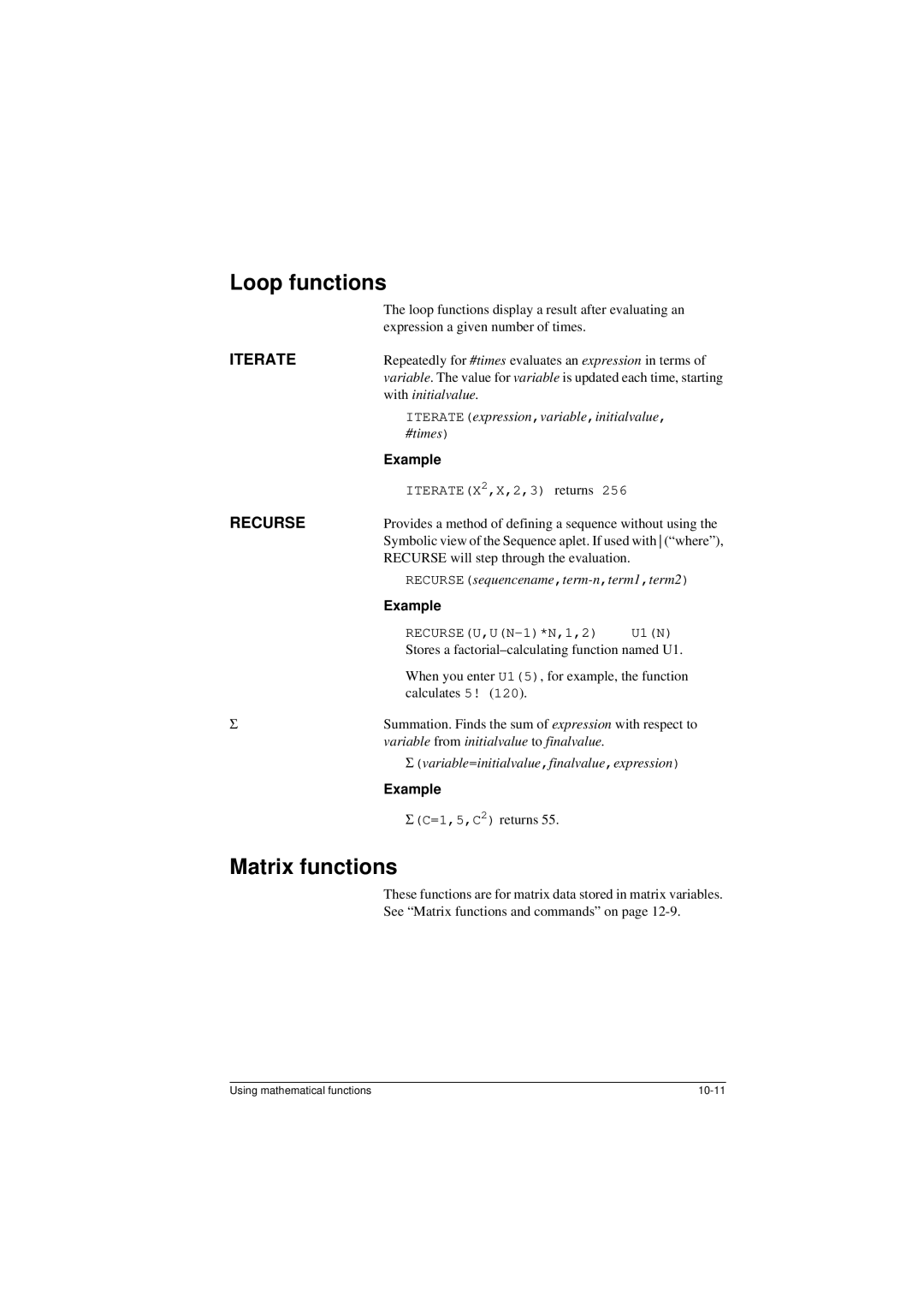 HP 40G manual Loop functions, Matrix functions, Iterate, Recurse 