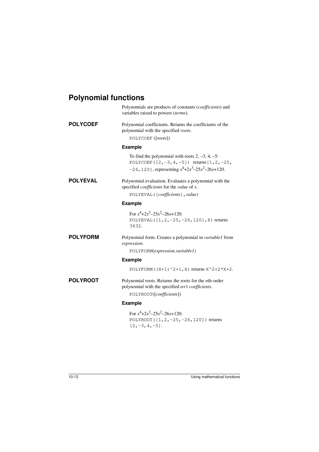 HP 40G manual Polynomial functions, Polycoef, Polyeval, Polyform, Polyroot 