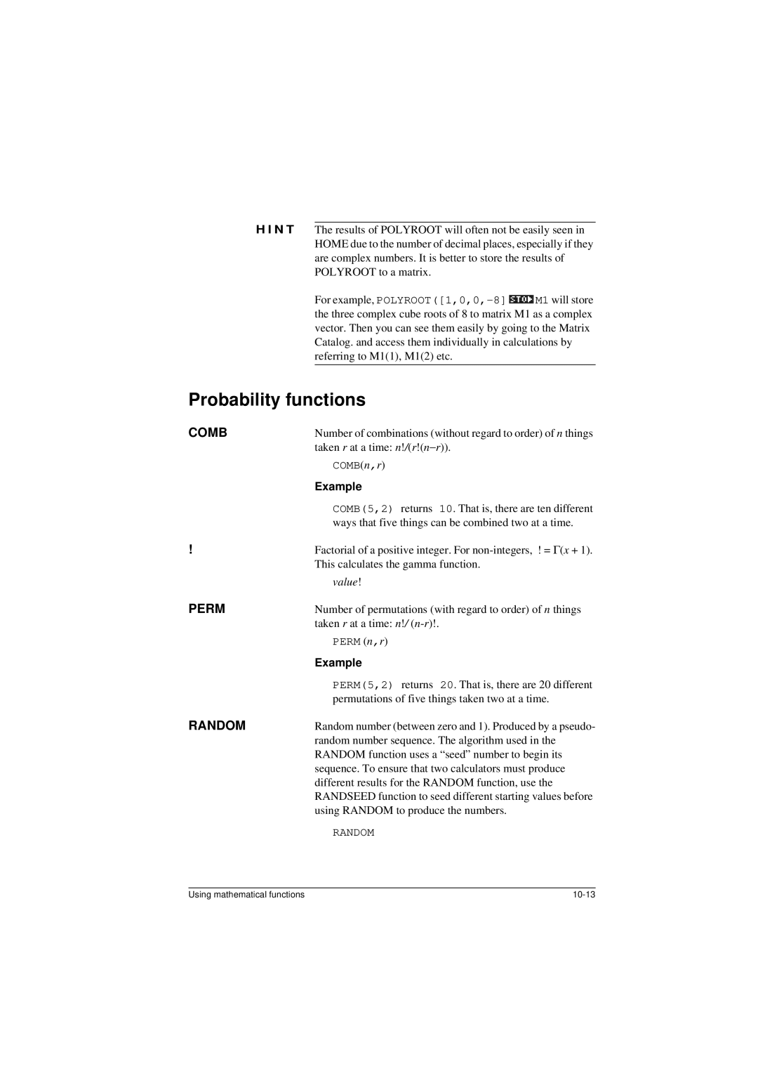 HP 40G manual Probability functions, Comb, Perm, Random 