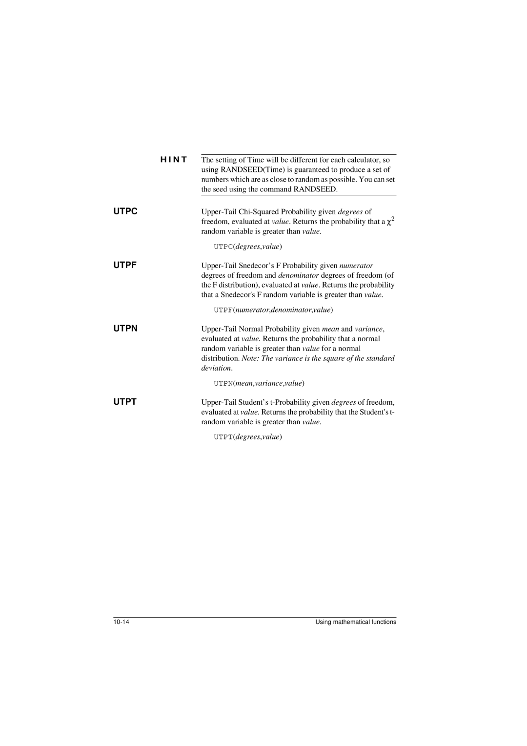 HP 40G manual Utpc, Utpf, Utpn, Utpt 