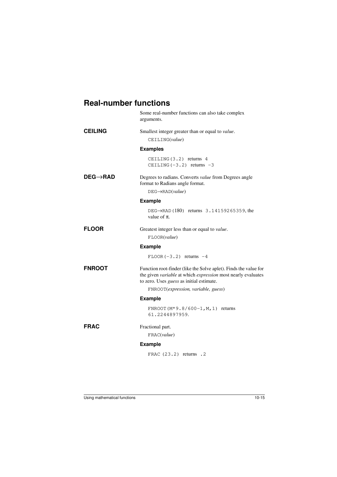 HP 40G manual Real-number functions 