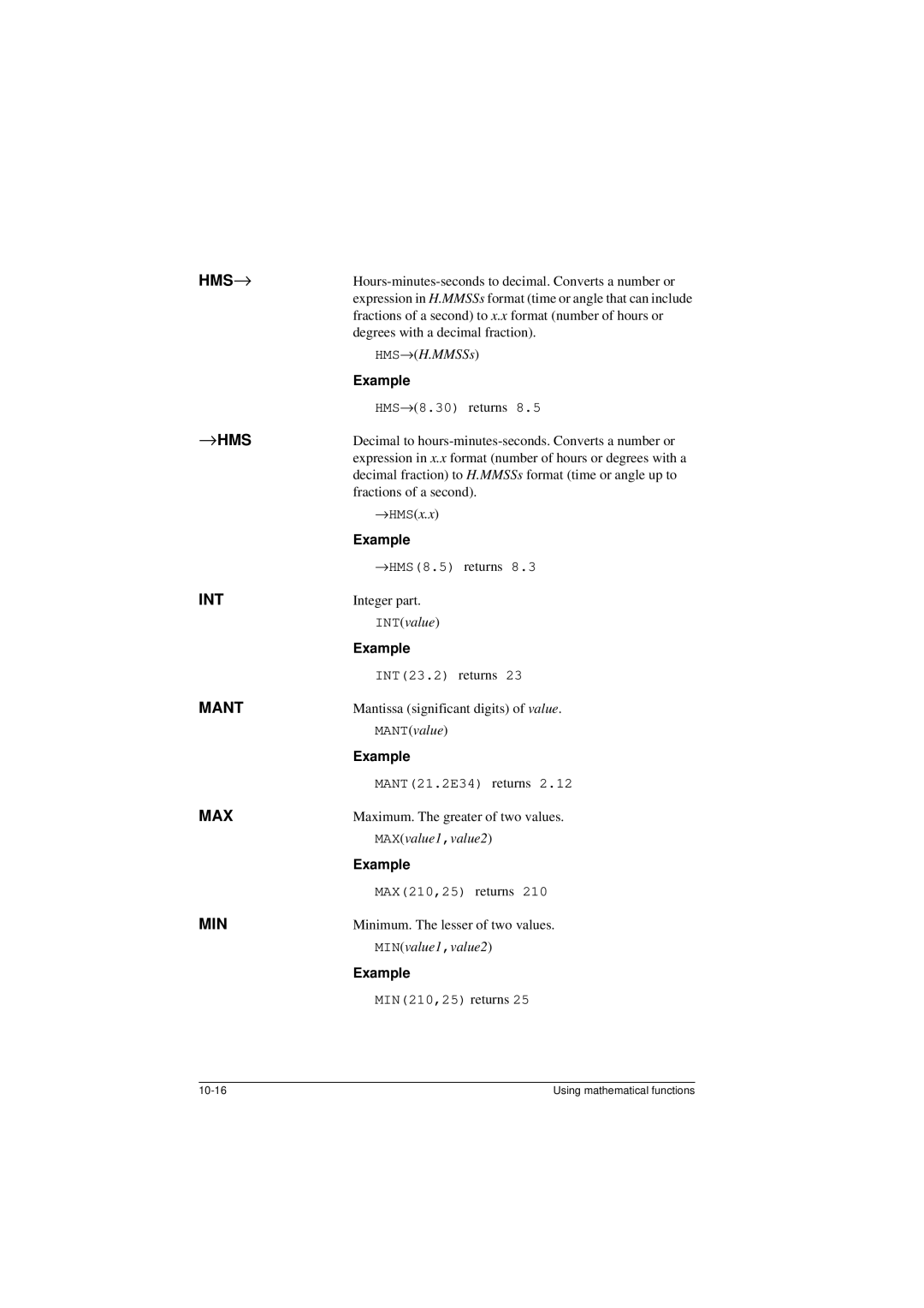 HP 40G manual Hms→, →Hms, Int, Mant, Max, Min 