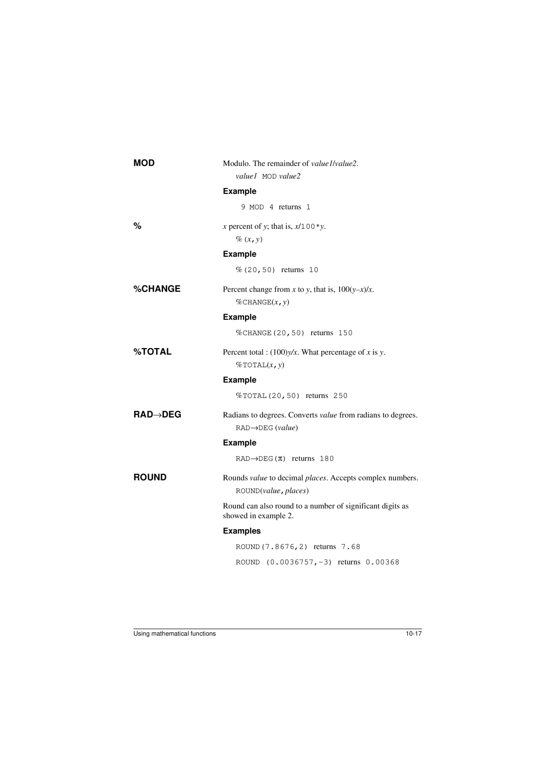 HP 40G manual Mod, Change, Total, Rad→Deg, Round 