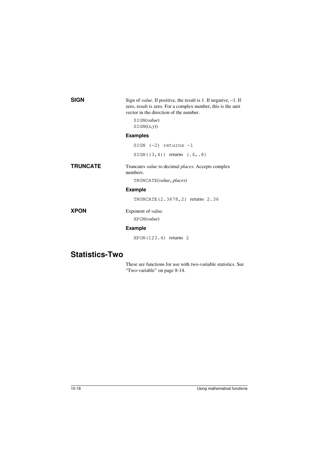 HP 40G manual Statistics-Two, Sign, Truncate, Xpon 