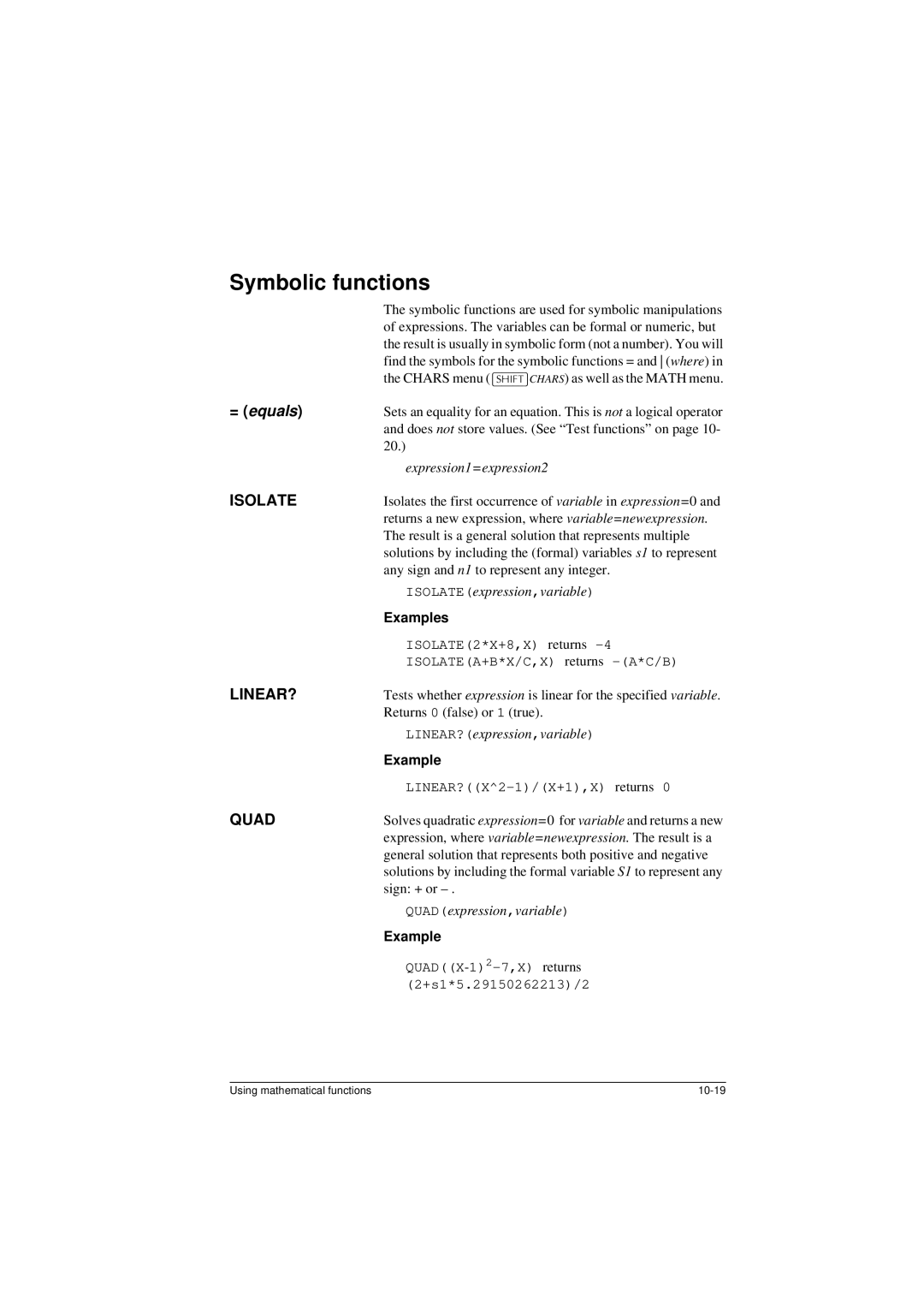 HP 40G manual Symbolic functions, Isolate, Linear?, Quad 