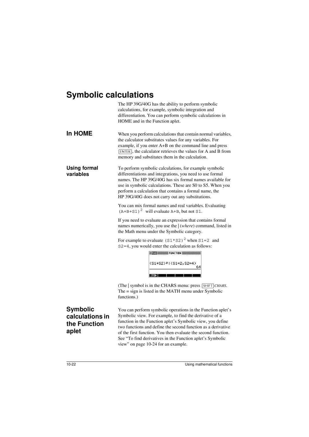 HP 40G manual Home, Symbolic calculations in the Function aplet, Using formal variables 