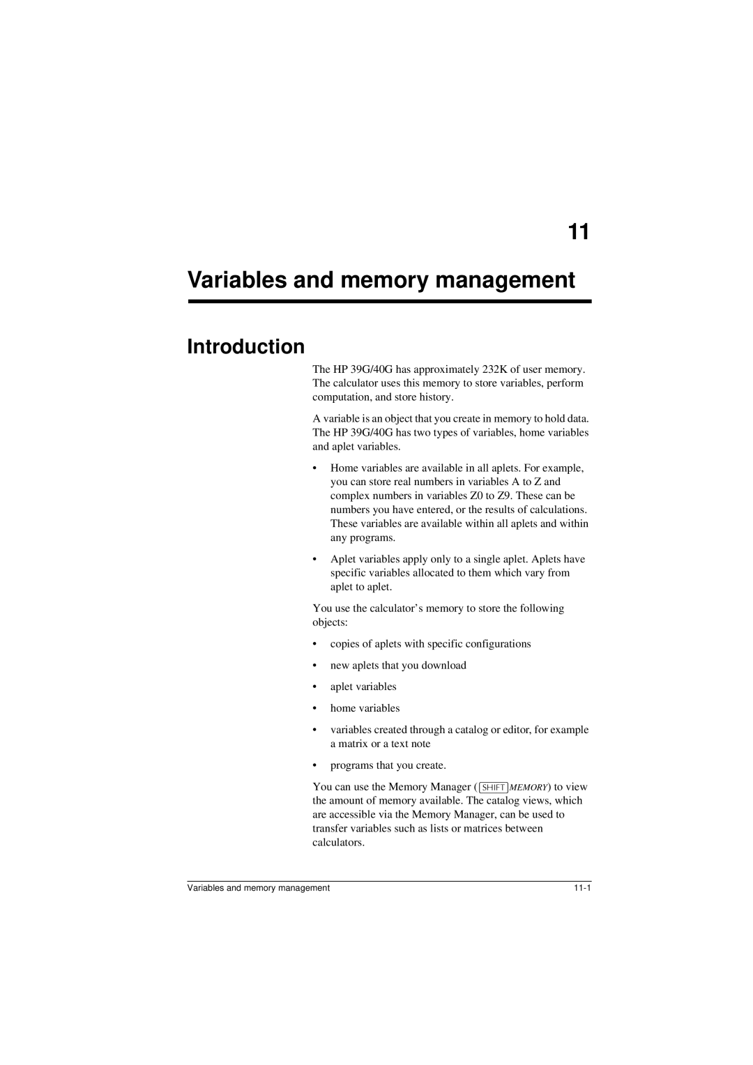 HP 40G manual Variables and memory management, Introduction 