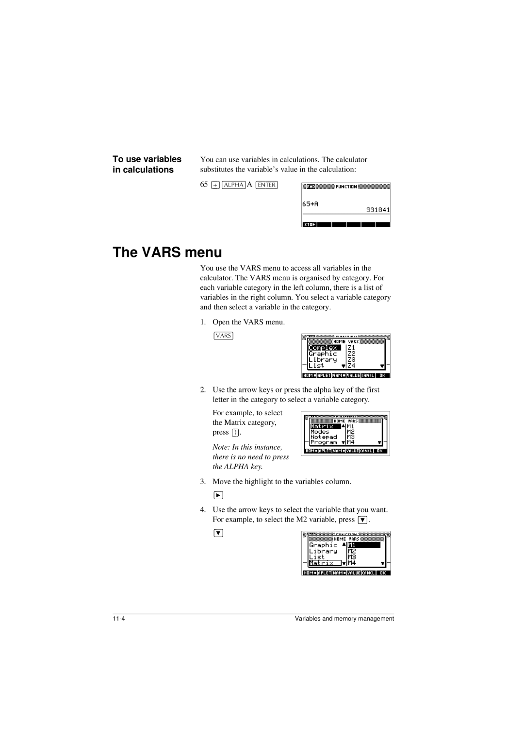 HP 40G manual Vars menu, To use variables, Calculations, 65 @$/3+$@A 175@ 