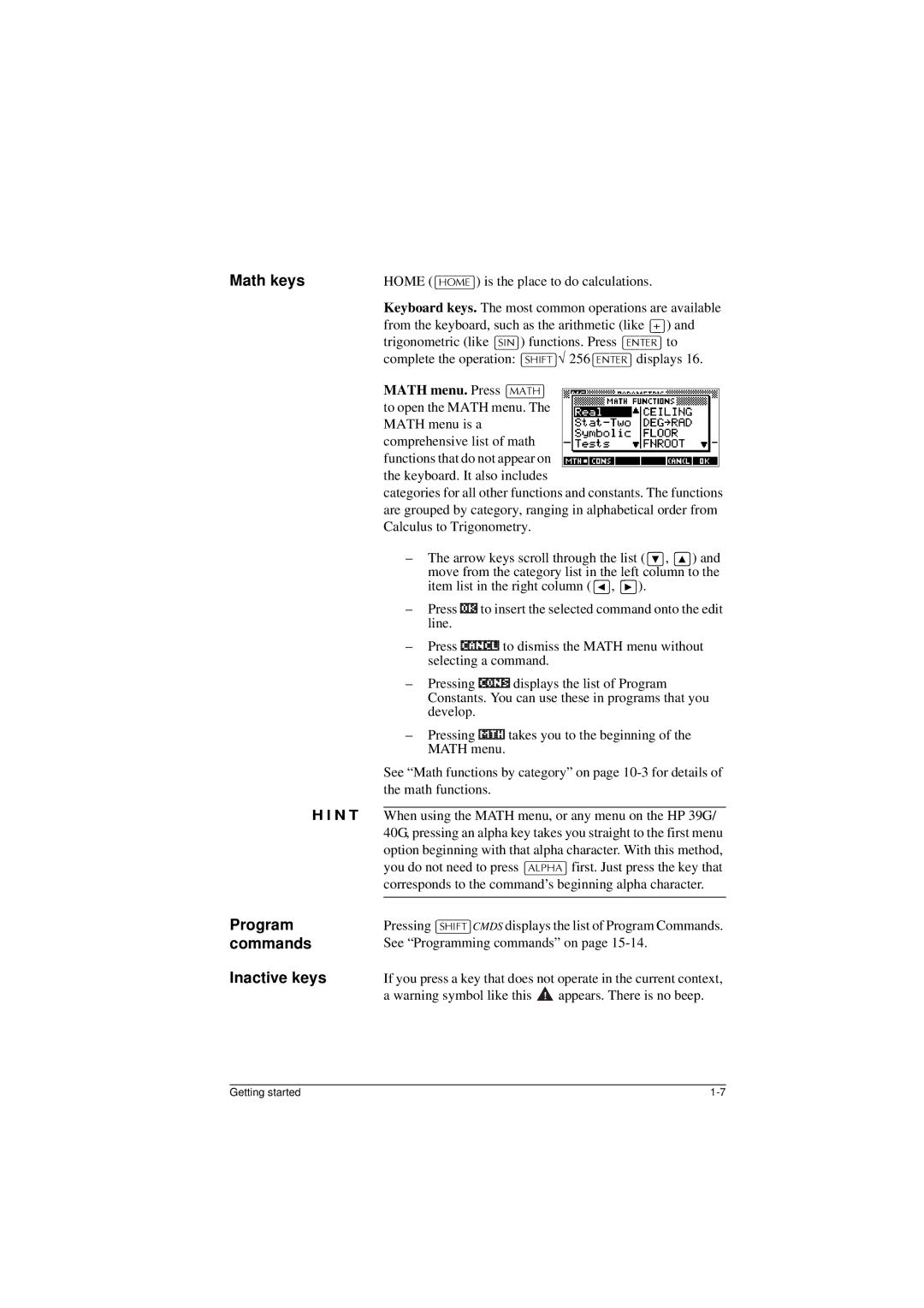 HP 40G manual Math keys, Program commands Inactive keys 