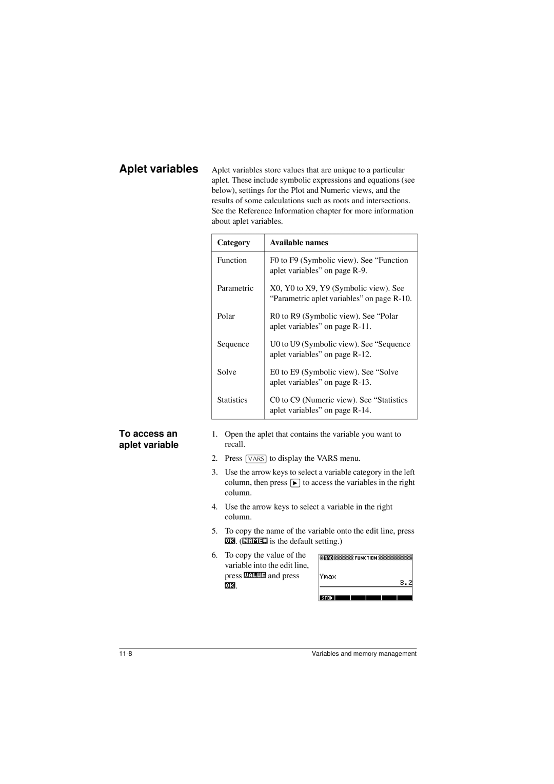 HP 40G manual Aplet variables, To access an aplet variable, To copy the value of the variable into the edit line 