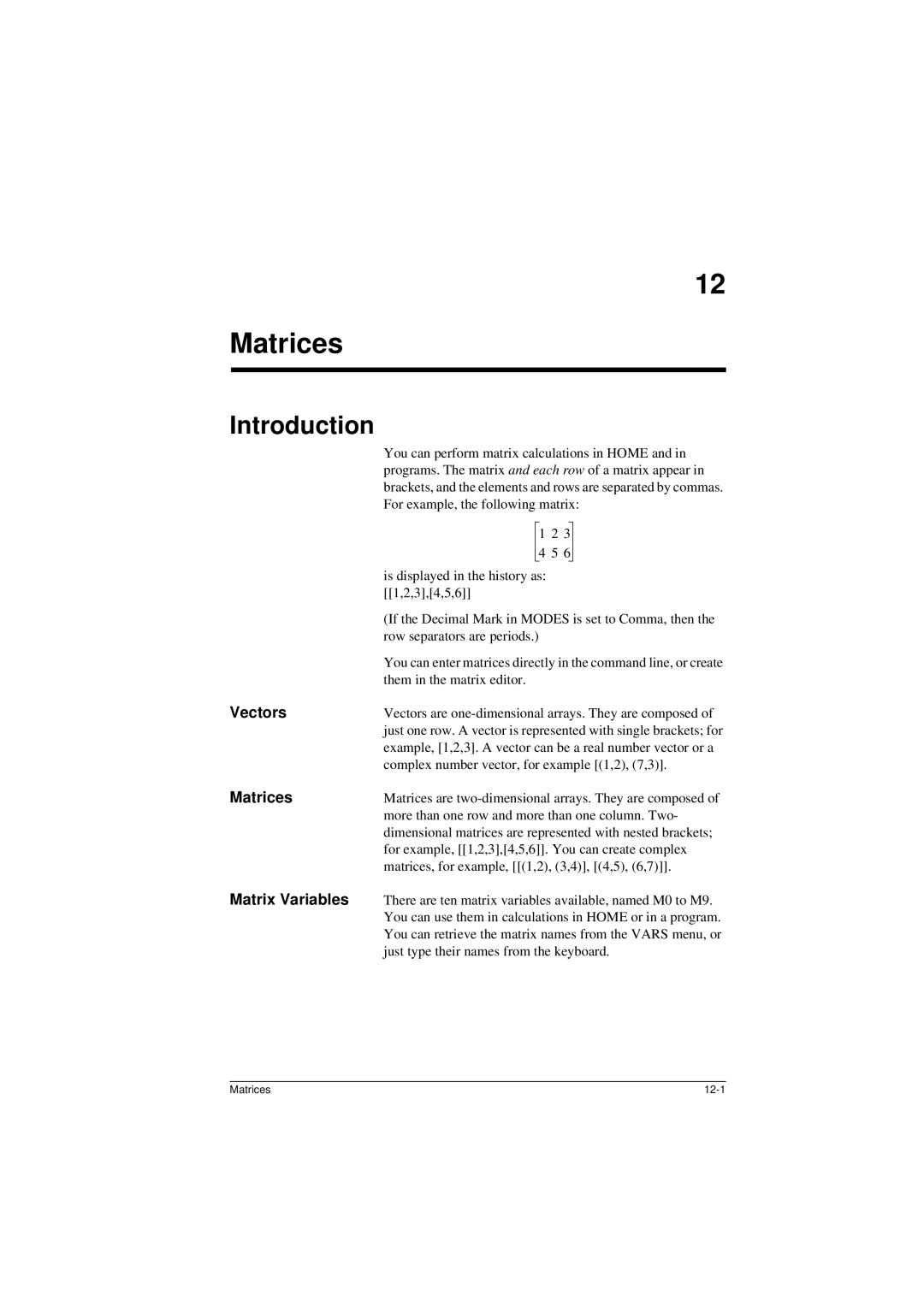 HP 40G manual Matrices, Vectors, Matrix Variables 