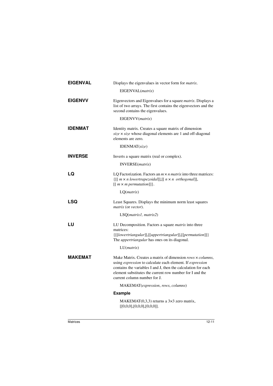 HP 40G manual Eigenval, Eigenvv, Idenmat, Inverse, Lsq, Makemat 