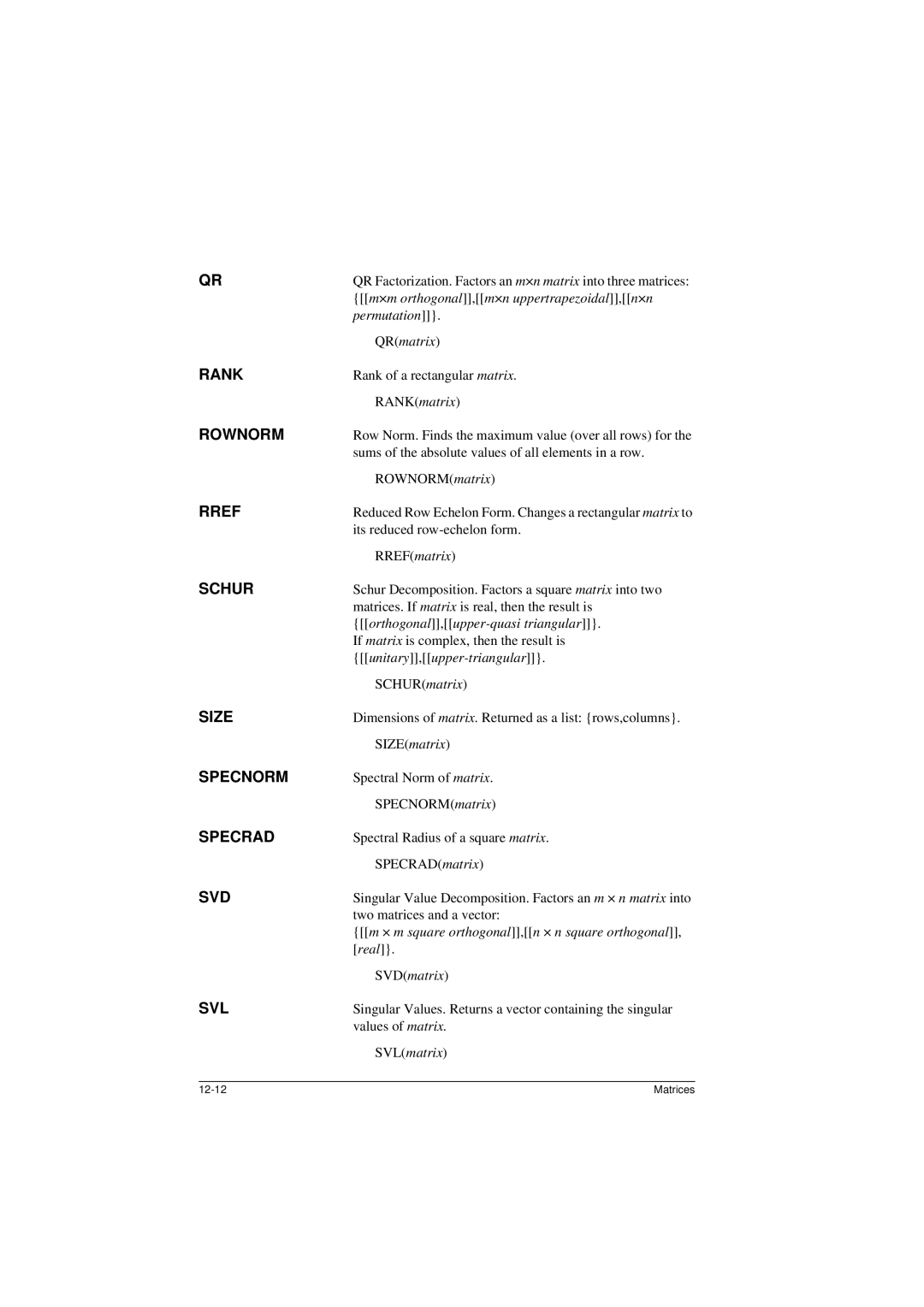 HP 40G manual Rank, Rownorm, Rref, Schur, Size, Specnorm, Specrad, Svd, Svl 