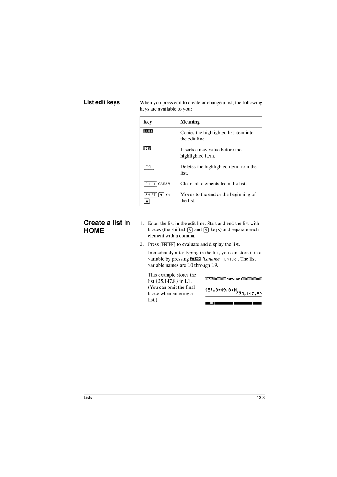 HP 40G manual Create a list, List edit keys 