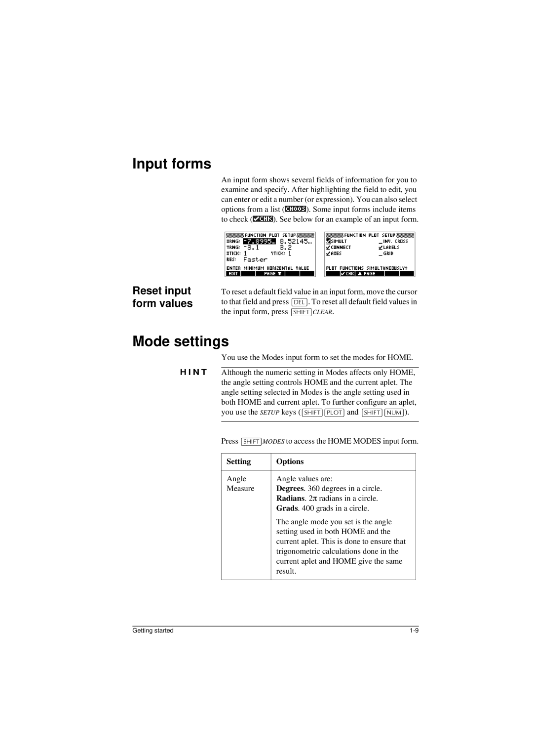 HP 40G manual Input forms, Mode settings, Reset input form values, Setting Options 