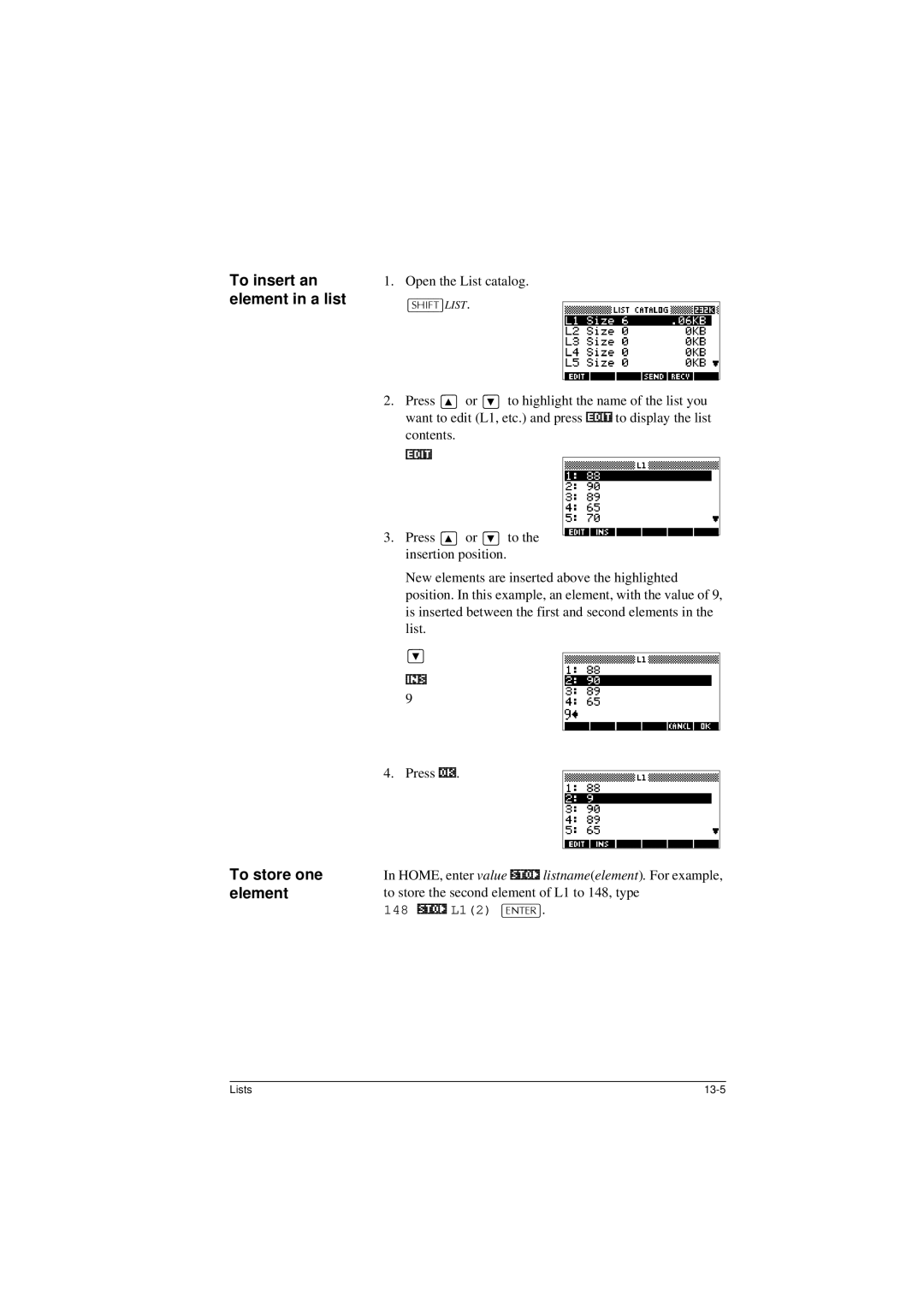 HP 40G manual 16a*e, To insert an element in a list To store one element 