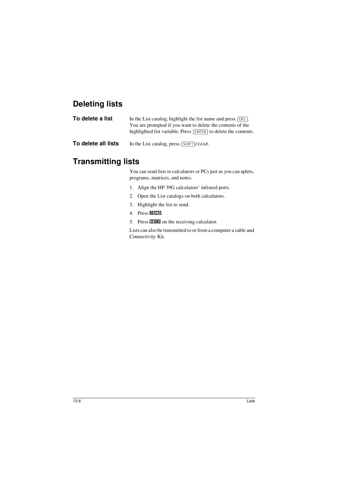 HP 40G manual Deleting lists, Transmitting lists, To delete a list, To delete all lists 