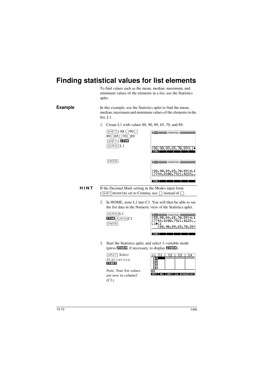 HP 40G manual Finding statistical values for list elements, 89@65@ 0@89, $/3+$@ L1 175@ 