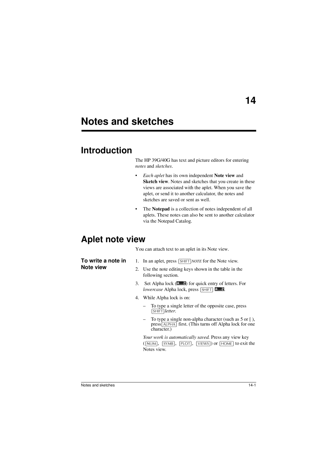 HP 40G Aplet note view, To write a note in Note view, +,7@letter, Your work is automatically saved. Press any view key 