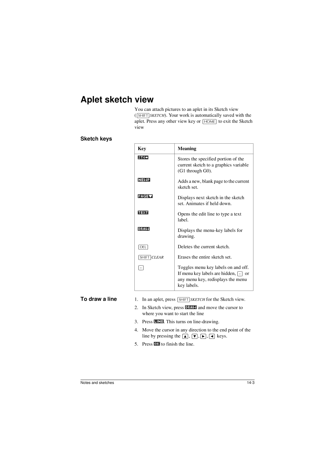 HP 40G manual Aplet sketch view, Sketch keys, To draw a line 