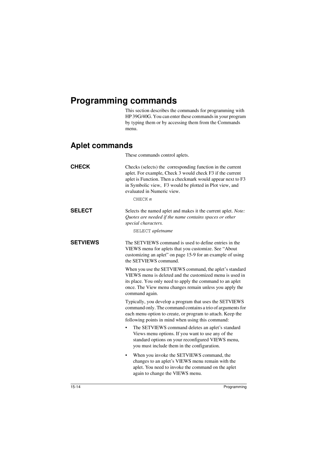 HP 40G manual Programming commands, Aplet commands, Check, Select, Setviews 