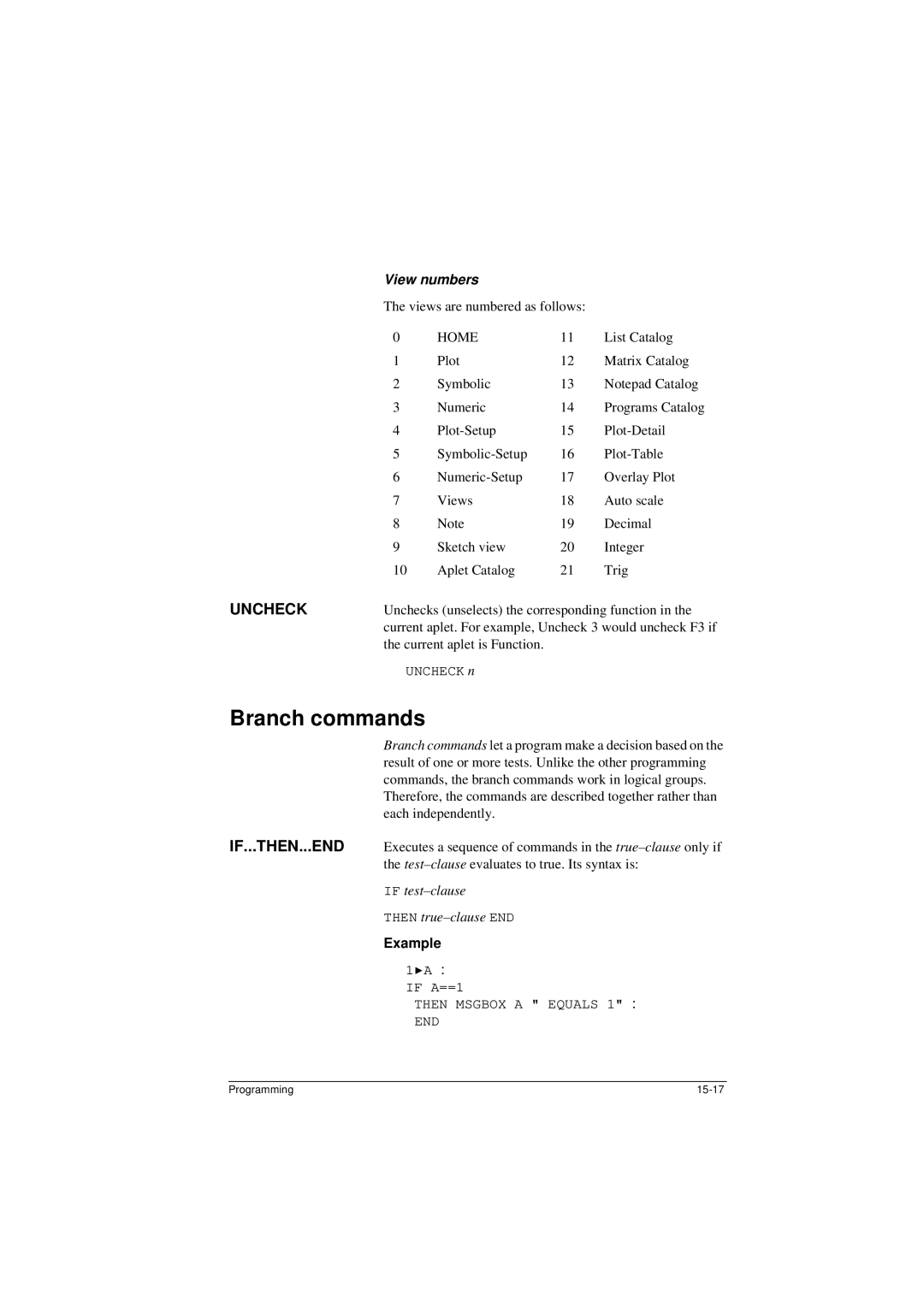 HP 40G manual Branch commands, Uncheck, If...Then...End, If test-clause, Then true-clause END 