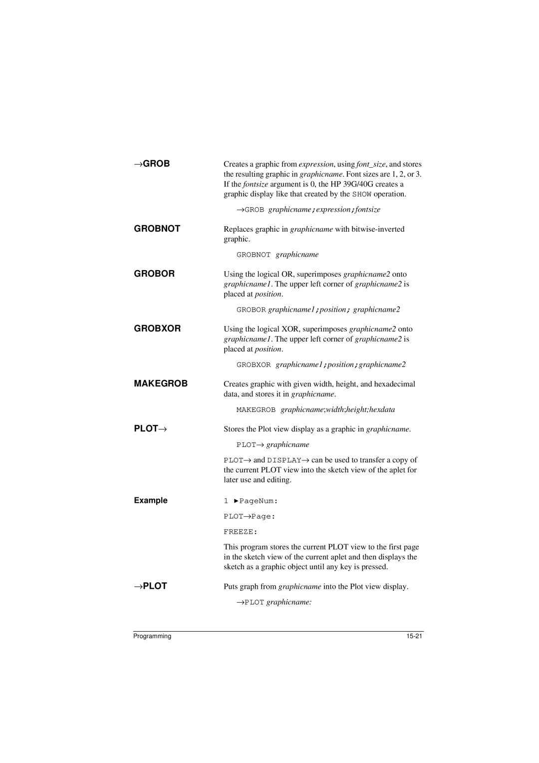 HP 40G manual →Grob, Grobnot, Grobor, Grobxor, Makegrob, Plot→, →Plot 