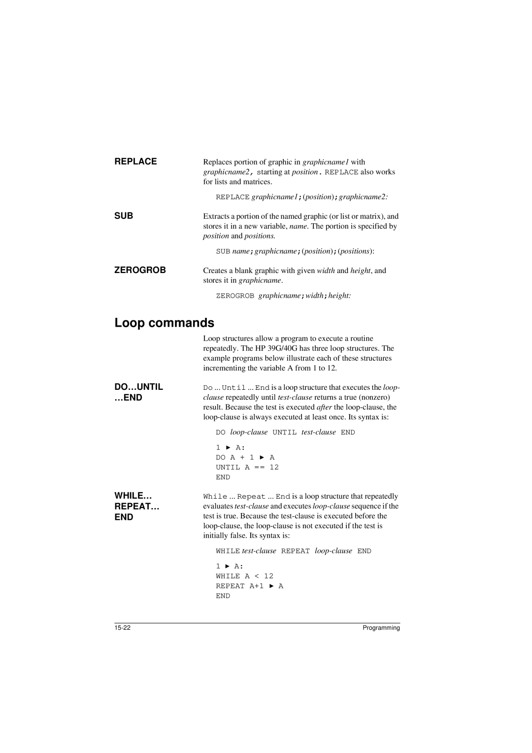 HP 40G manual Loop commands 