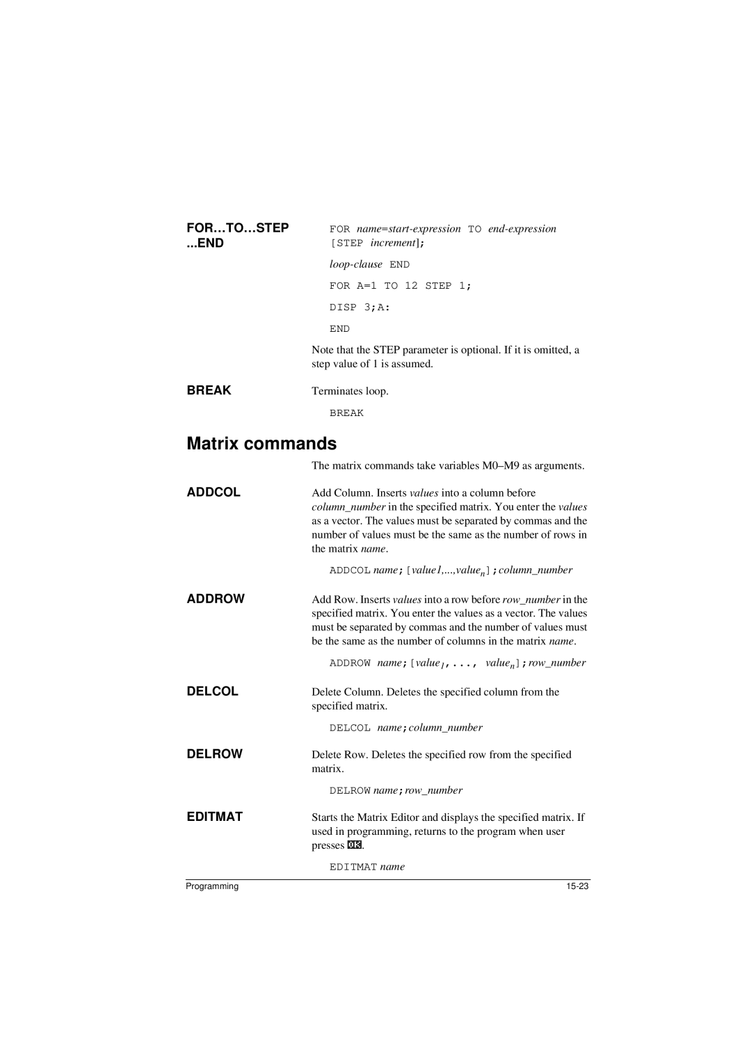 HP 40G manual Matrix commands 