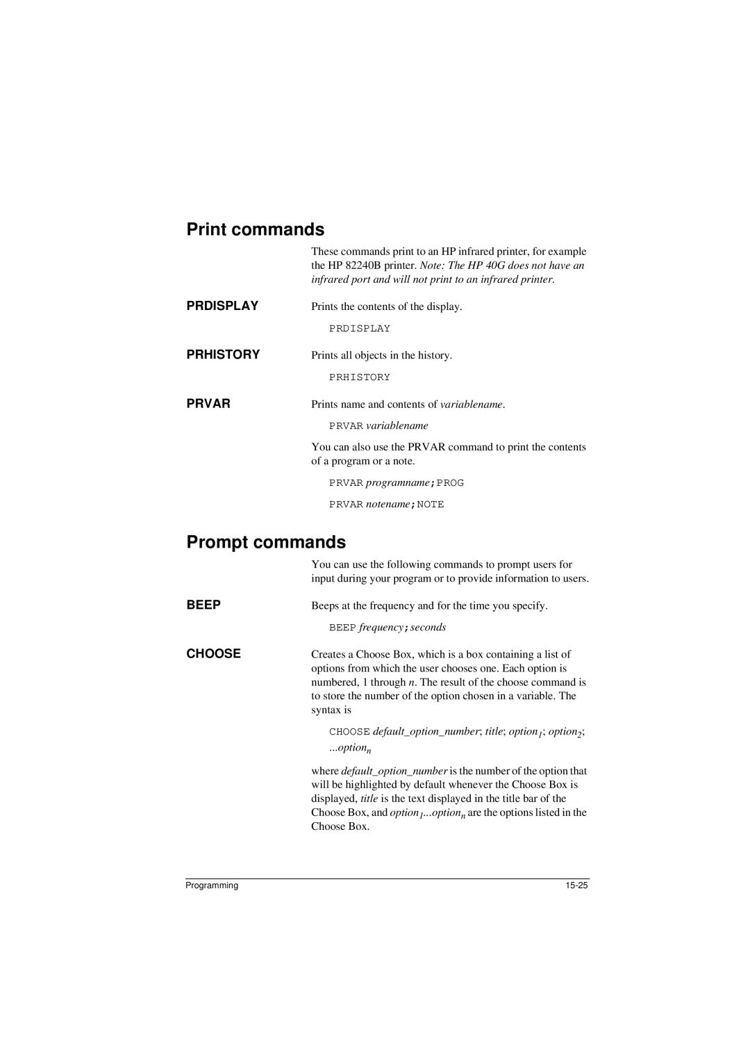 HP 40G manual Print commands, Prompt commands 