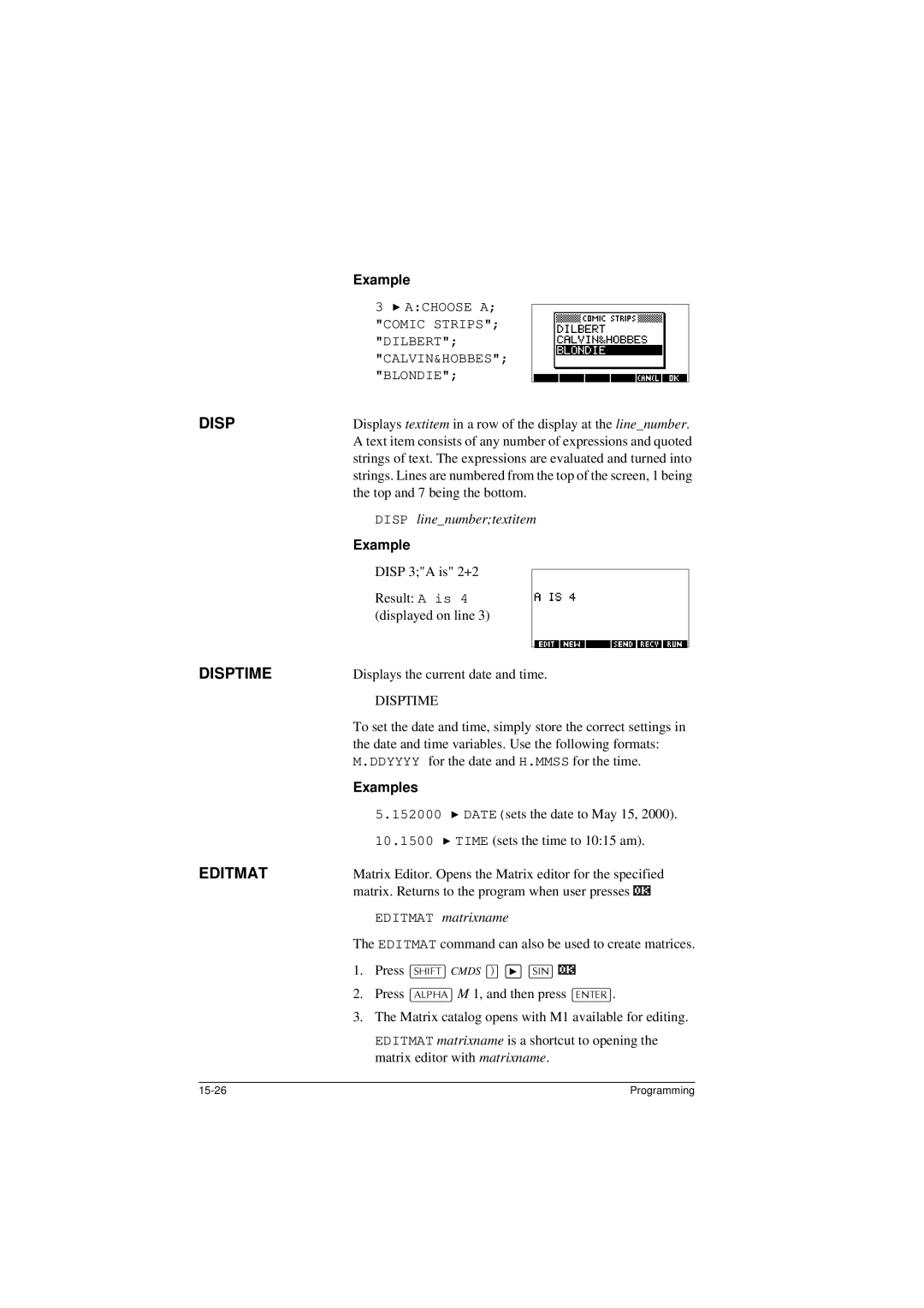 HP 40G manual Disptime, Disp linenumbertextitem, Editmat matrixname 