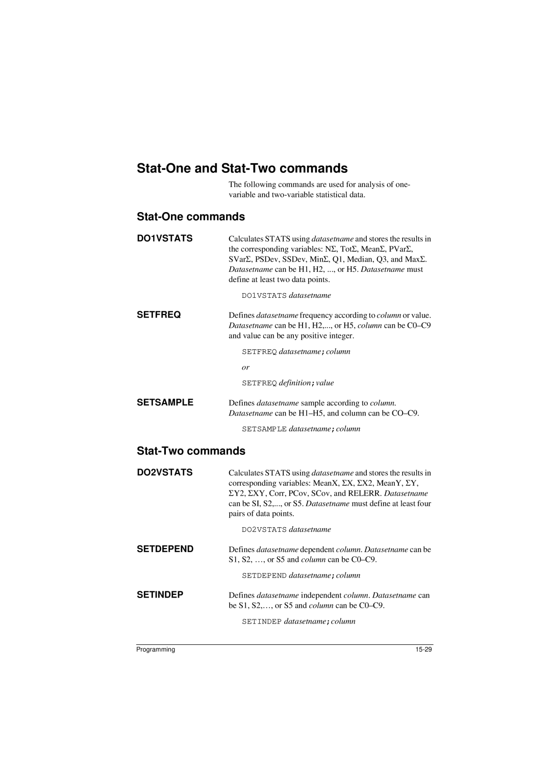 HP 40G manual Stat-One and Stat-Two commands, Stat-One commands 