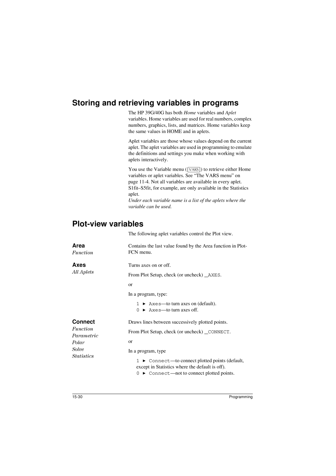 HP 40G manual Storing and retrieving variables in programs, Plot-view variables, Area, Axes, Connect 