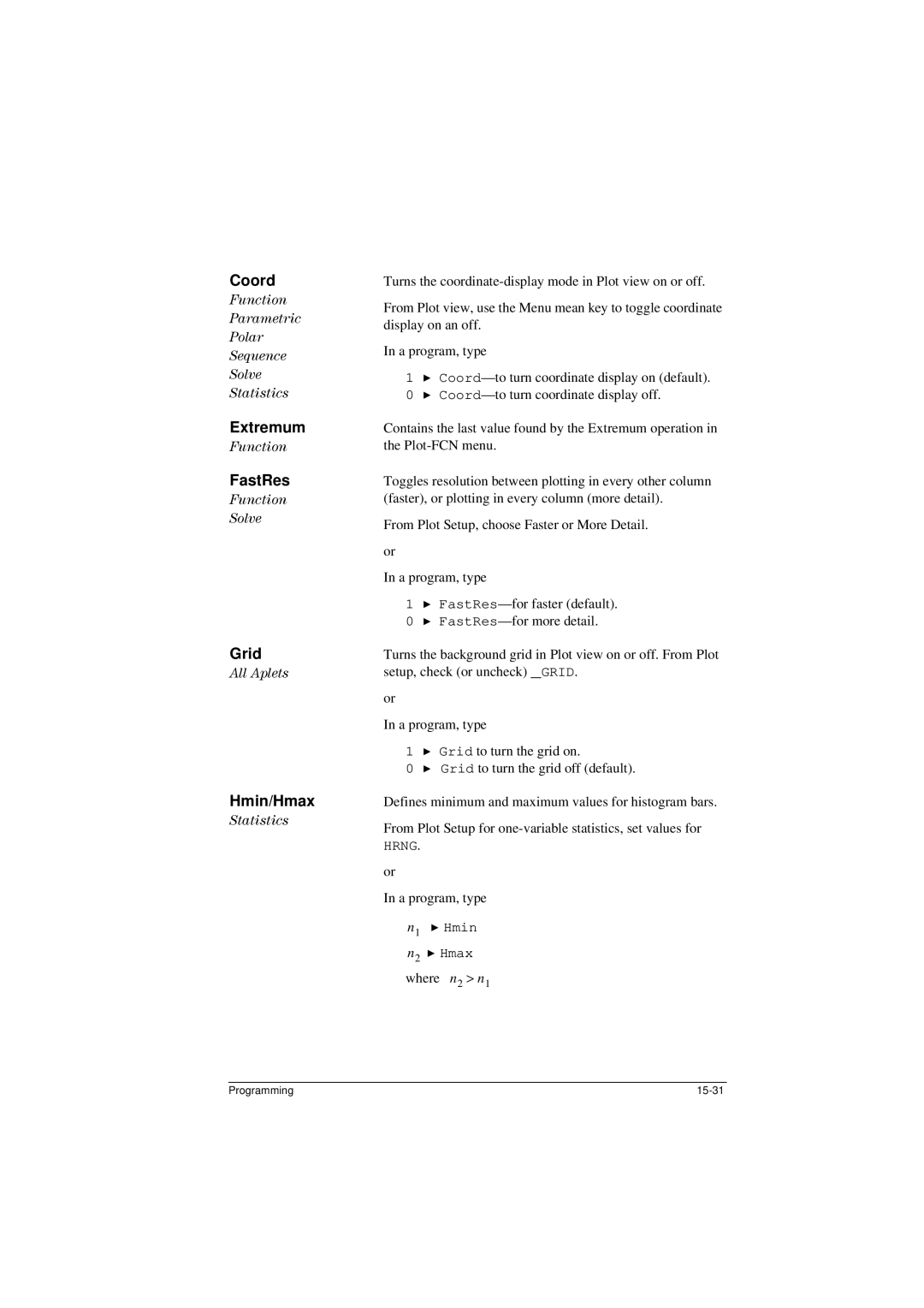 HP 40G manual Coord, Extremum, FastRes, Grid, Hmin/Hmax 