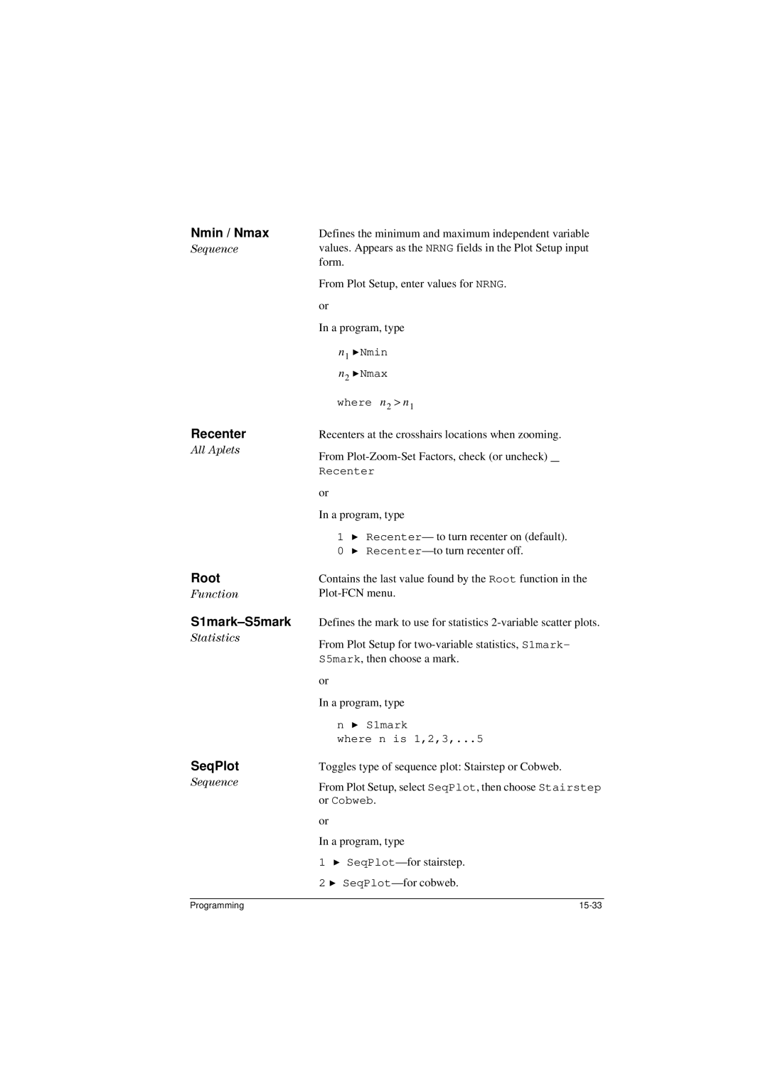 HP 40G manual Nmin / Nmax, Recenter, Root, S1mark-S5mark, SeqPlot 