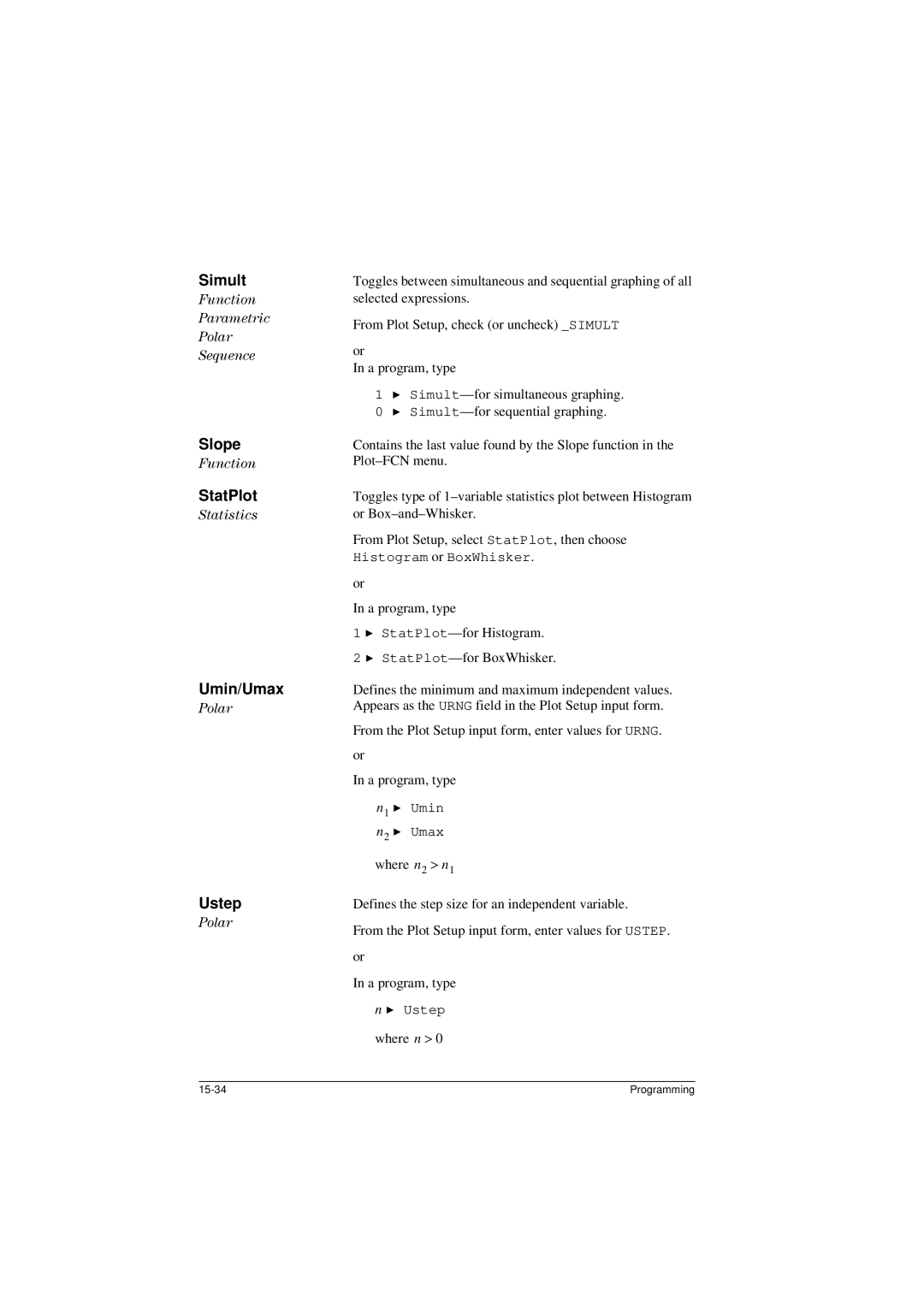 HP 40G manual Simult, Slope, StatPlot, Umin/Umax, Ustep 