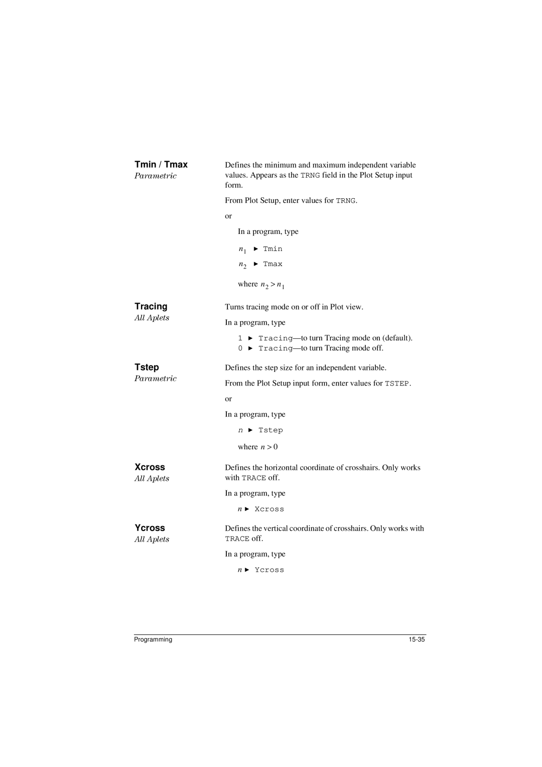 HP 40G manual Tmin / Tmax, Tracing, Tstep, Xcross, Ycross 