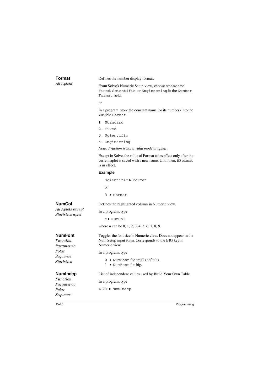 HP 40G manual Format, NumCol, NumFont, NumIndep 