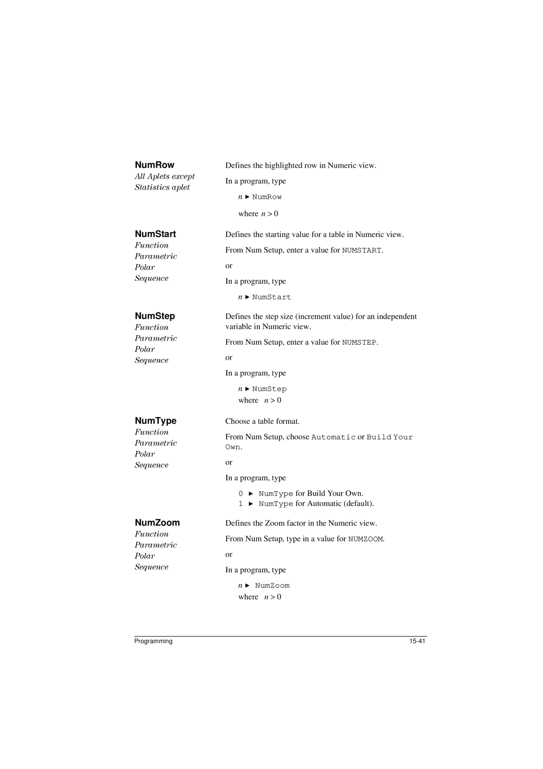 HP 40G manual NumRow, NumStart, NumStep, NumType, NumZoom 