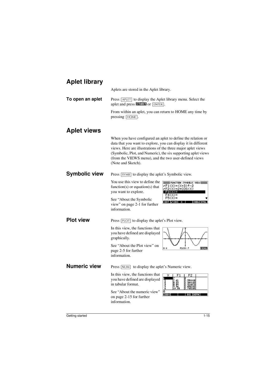 HP 40G manual Aplet views, Symbolic view Plot view Numeric view, Aplets are stored in the Aplet library 