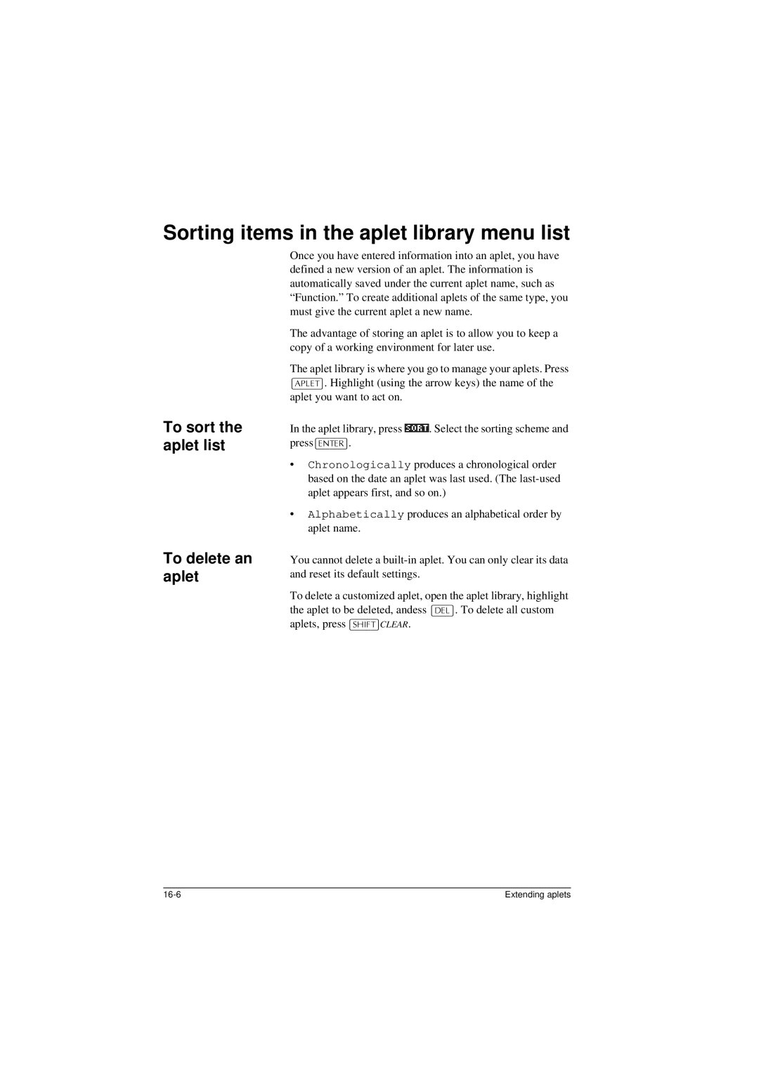 HP 40G manual Sorting items in the aplet library menu list, To sort the aplet list, To delete an aplet 