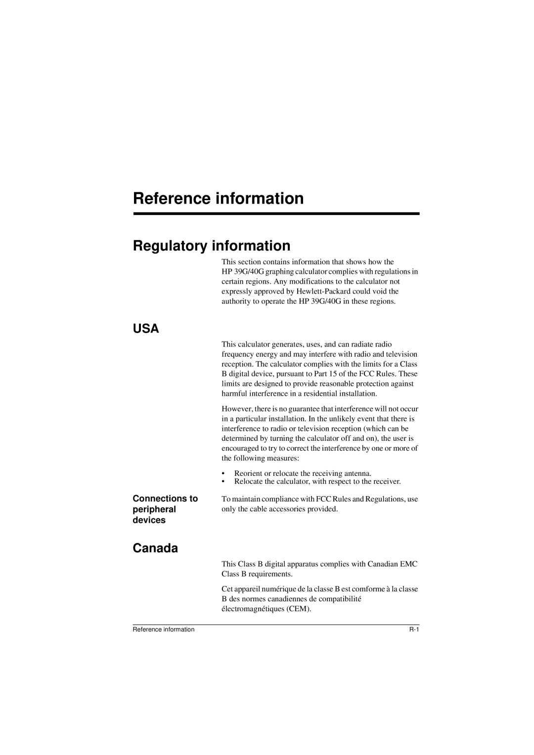 HP 40G manual Reference information, Regulatory information, Canada 