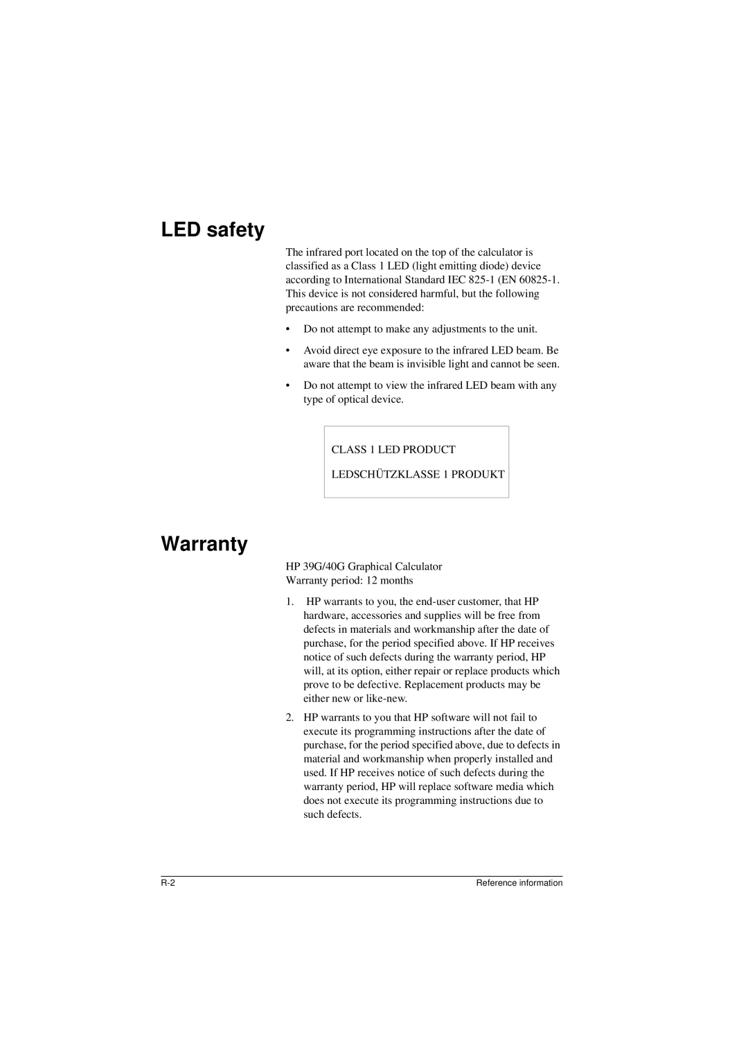 HP 40G manual LED safety, Warranty 