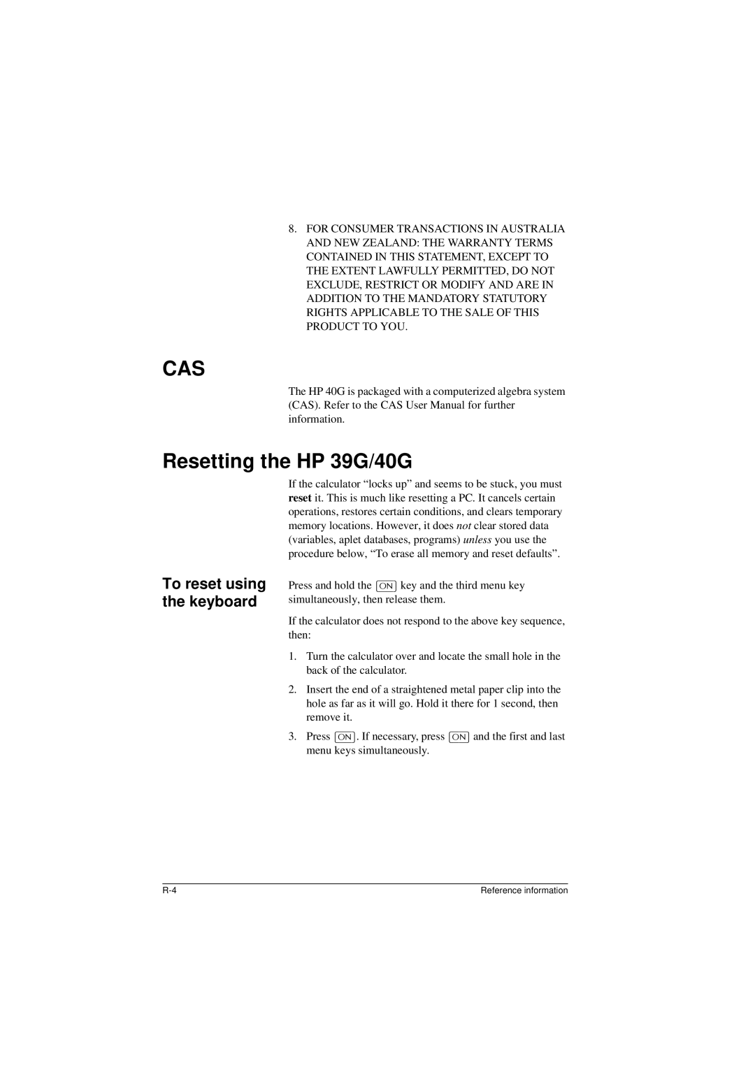 HP manual Resetting the HP 39G/40G, To reset using the keyboard 