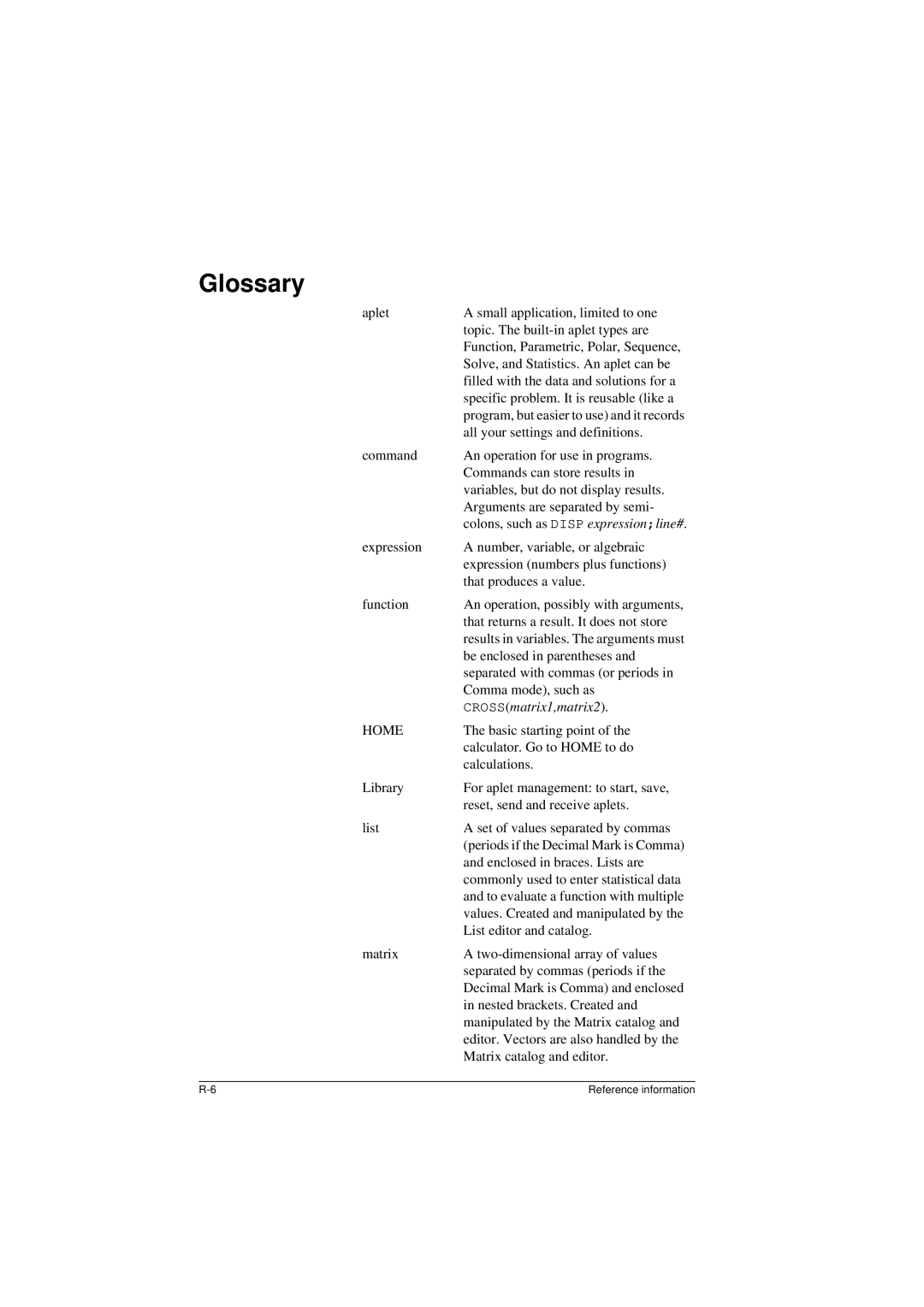 HP 40G manual Glossary, Cross matrix1,matrix2 