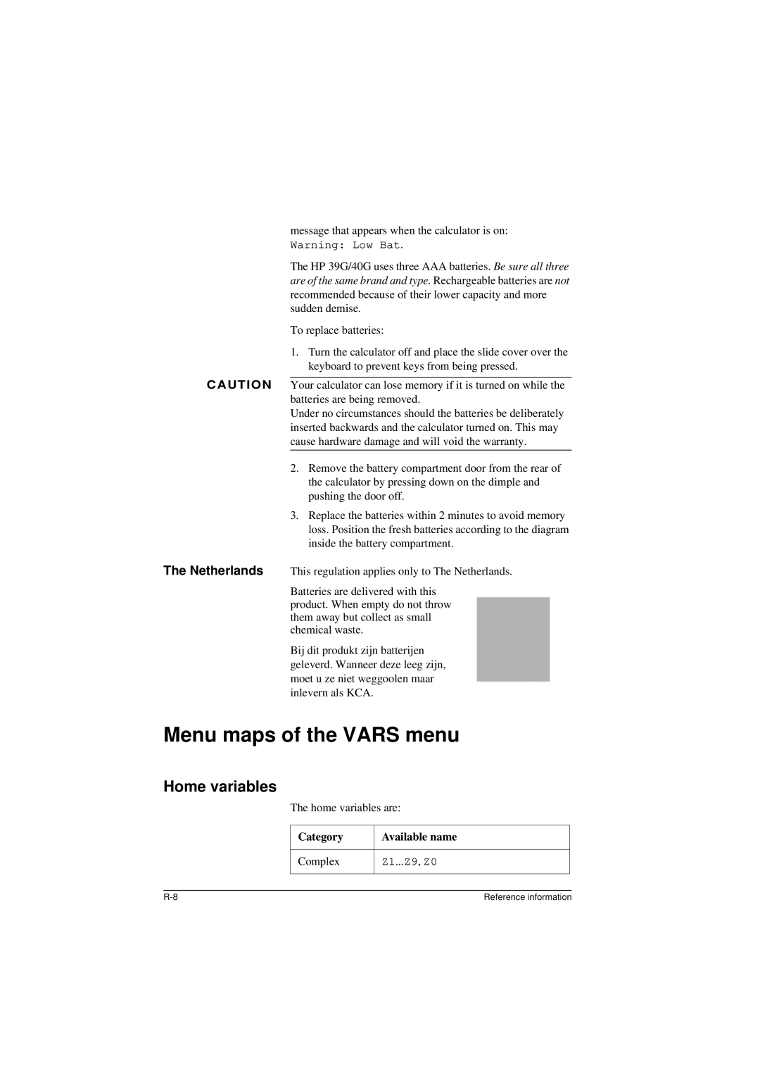 HP 40G manual Menu maps of the Vars menu, Home variables are, Category Available name 