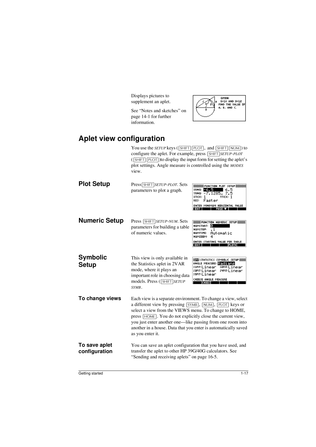 HP 40G manual Aplet view configuration, Plot Setup Numeric Setup Symbolic, To change views, To save aplet, Configuration 