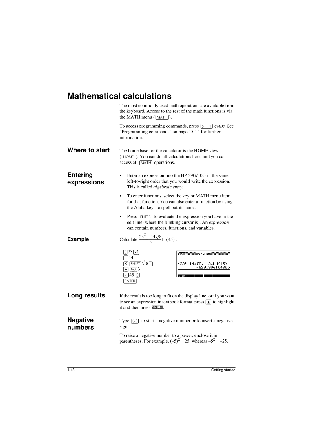 HP 40G manual Mathematical calculations, Entering expressions, Long results Negative numbers, Example, Calculate 232 