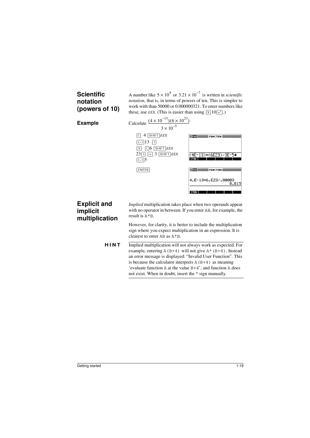 HP 40G manual Scientific notation powers, Explicit and implicit multiplication 